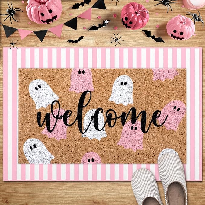 Tinideya 2 Pcs Door Mat Welcome Non Slip Coir Mats Floor Layering Doormats Seasonal for Front Porch Entryway Decor(Pink White Ghost)