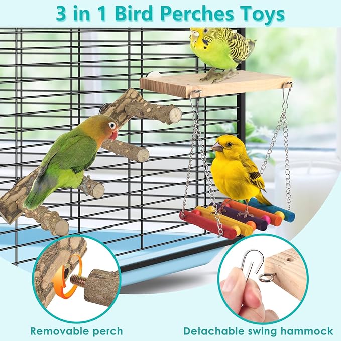 3in1 Bird Perch Toys for Parrots, Wooden Ladder Perch for Cage, Parrot Platform Stand Colourful Swing Hammock Climbing Bridge Exercise Cage Accessories for Budgies Cockatiels Lovebirds Hamster