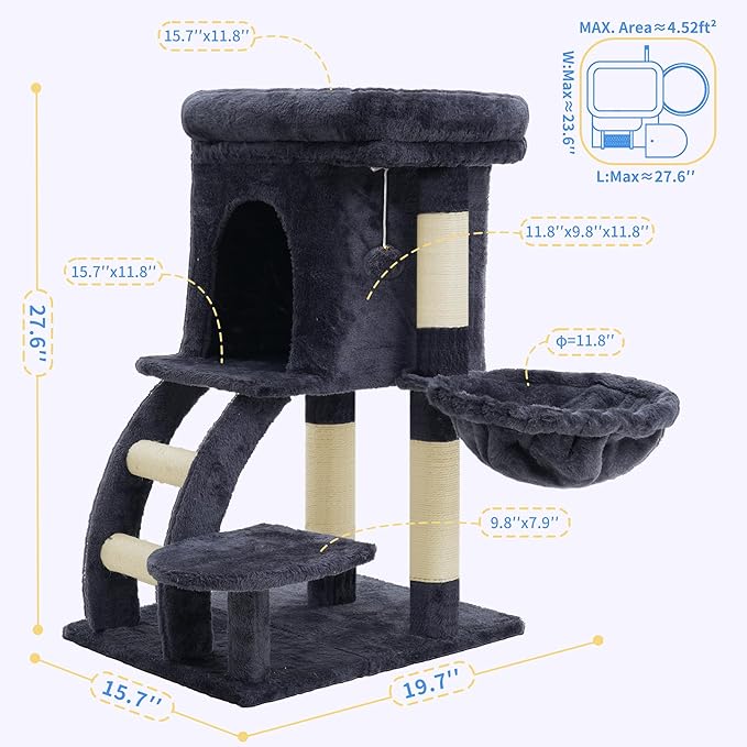 Heybly Cat Tree Tower, Cat condo for Indoor Kittens, Cat House with Wide Plush Top Perch, Ladder, Basket, Sisal-Covered Scratching Posts, Cozy Activity Center for pet, Smoky Gray HCT009SG