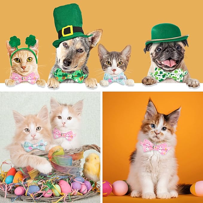 Whaline 4 Pack St. Patrick's Day Easter Cat Collar with Bowknot and Bell Shamrock Bunny Rabbit Egg Pattern Safety Breakaway Adjustable Pet Collars for Cat Kitten Puppy