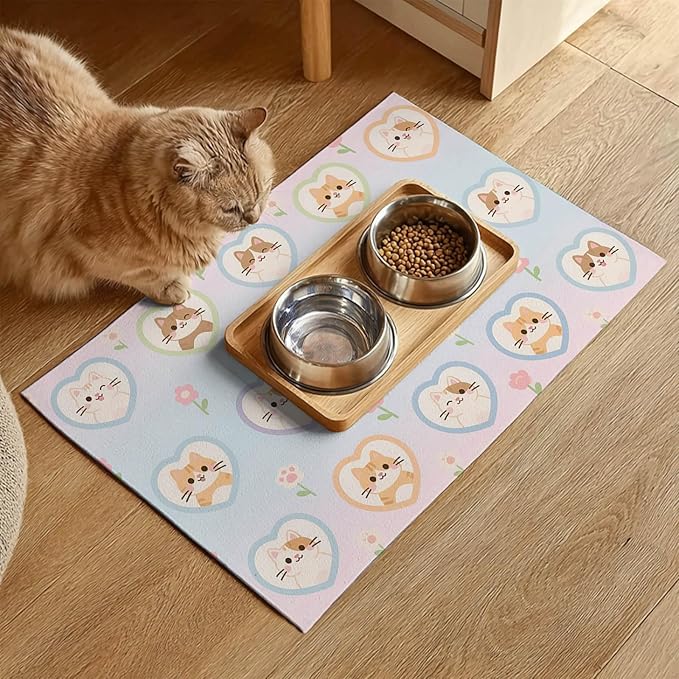 Cat Feedings Mats 20x12 inch Pastel Heart Kitten Print Pet Bowl Placemat Non Slip Mat for Dog Food and Water Indoor Kitty Feeding Station Cute Cats Meal Mat for Small Pets Kitchen Floor Use