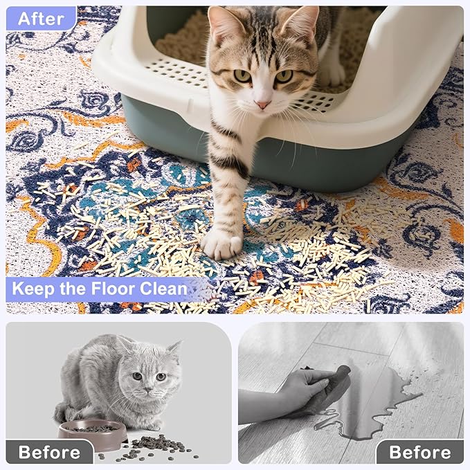 Bienbee Cat Litter Mat, 40" x 30" Jumbo Size Litter Box Mat Rug with Non-Slip Bottom, Urine and Water Proof, Easy to Clean Cat Supplies Essentials for Indoor Kitty Kitten Floor, Blue XL