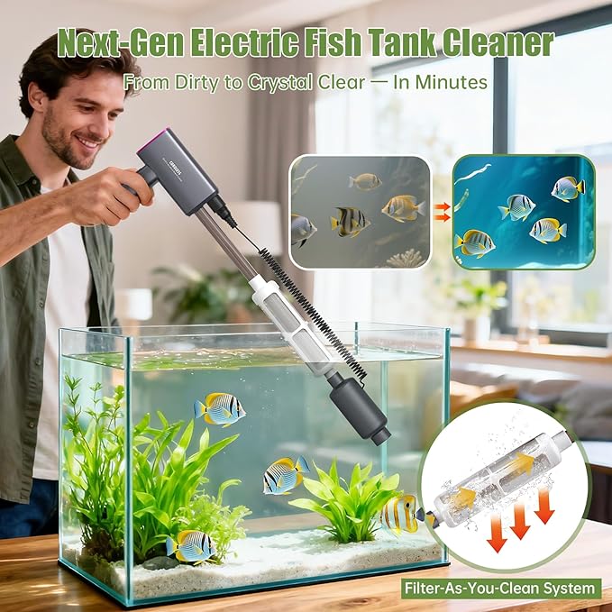 Cordless Aquarium Gravel Cleaner Vacuum: 6-in-1 Electric Fish Tank Cleaner, Rechargeable & Strong Suction Automatic Water Changer, Touch Control, Fits 5–150 Gallon Tanks