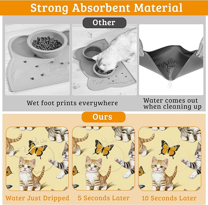 Dog Bowl Mat,Cute Cats Pet Feeding Mat for Floors Waterproof,Butterfly Absorbent Dogs Placemat for Food and Water Quick Dry Pet Cat Feeding Mats with Non Slip Bottom 16" x 24"