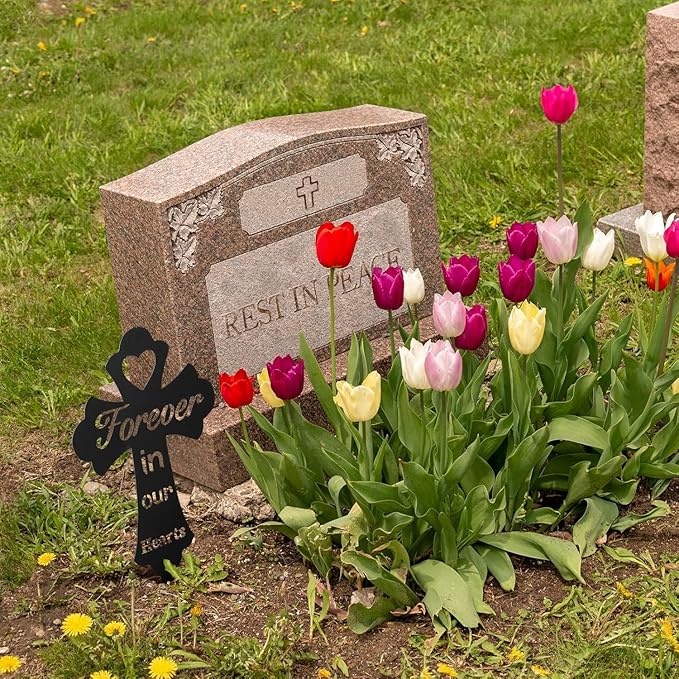 Grave Decorations for Cemetery: Forever in Our Hearts Metal Pet Grave Marker - Cross Sympathy Memorial Stake for Outdoor. Ideal Gifts to Honor The Memory of Departed Loved Ones(9.8 x 5.6'')