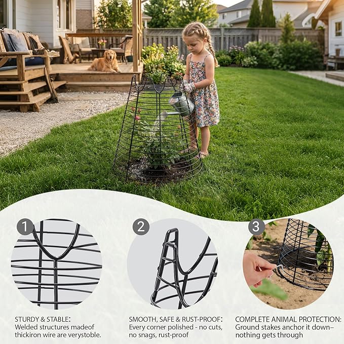 4 Pcs 11.6"×11.6" Plant Protectors from Animals, Sturdy Metal Plant Cages for Outdoor Plants, Reusable Wire Garden Cloches, Plant Protector to Keep Squirrels, Rabbits, Birds, Black