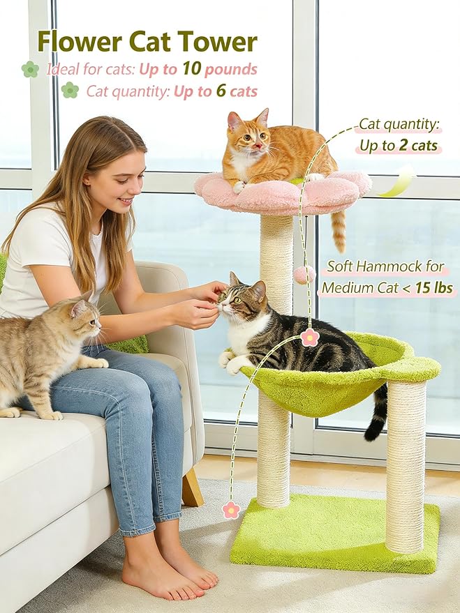 Flower Cat Tree, 28" Cat Tower with Cozy Flower Perch, Large Hammock for Indoor Small Cats, Cute Cat Tree with Sisal Scratching Post and Fur Toy Ball for Kittens, Pink