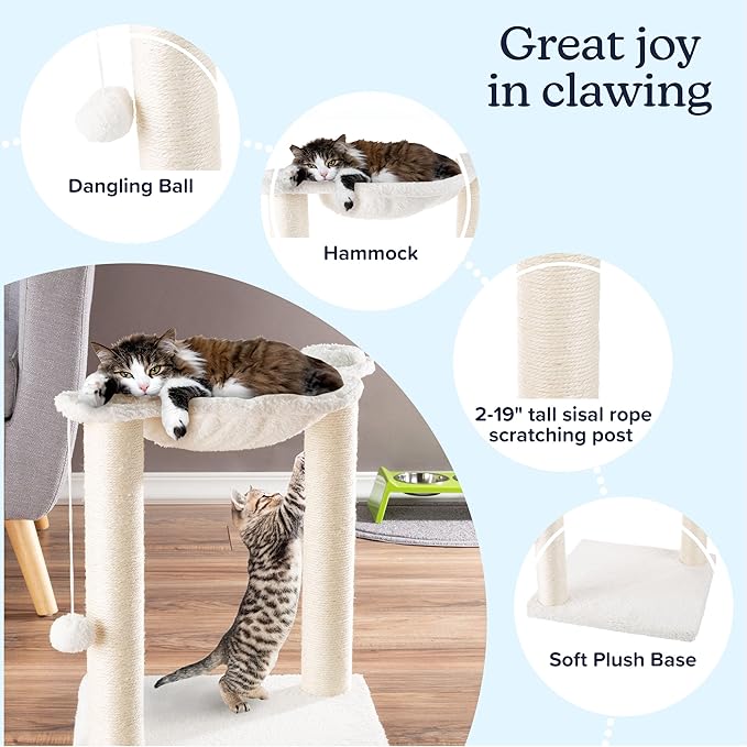 19-Inch Cat Scratching Post with Hammock ? Sisal Fabric and Carpet Small Cat Tree, Hanging Ball Toy for Adult Cats and Kittens by PETMAKER (White)