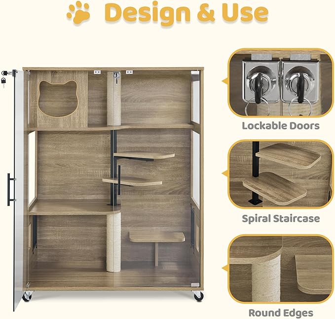 Lovupet Wooden Cat House with Scratching Posts, Luxury Large Cat Condo with Lockable Wheels, Indoor Kitten Cage with Escape Door, GC11