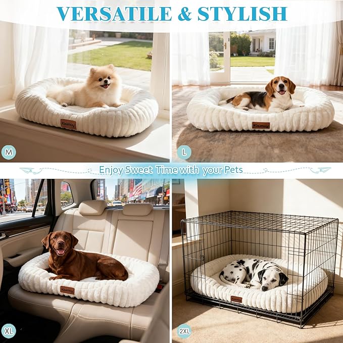 Dog Bed for Small & Medium Dogs – Calming Furry Puppy Bed with Washable Removable Cover, Anti-Slip Bottom & Orthopedic Support Foam, Rectangle Pet Cuddler for Indoor Cats/Dogs, 25"x21"x4", Cream