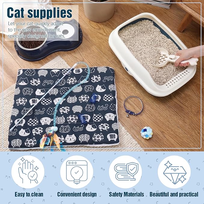 Eccliy Kitten Starter Kit, 10 Pcs Cat Starter Kit for Indoor Cats Kitten Essentials Includes Litter Box, Pet Toy, Folding Carrier, Climbing Frame, Mat, Collar, Automatic Food Bowl (Classic,Dark Blue)