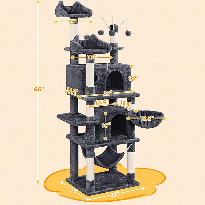 Yaheetech Cat Tree, 67in Large Tower w/ 3 Removable Teaser Sticks, 2 Kitten-Ear Shaped Perches, 2 Condos, Hammock, Scratching Post, Multi Level Pet House, Dark Gray
