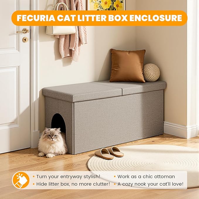 3-in-1 Cat Litter Box Enclosure with Odor Control, Multi-Functional Hidden Litter Box Furniture Bench, Dog Proof, Space-Saving Ottoman Cabinet with Flip-Up Lid, Storage Footrest, Light Grey