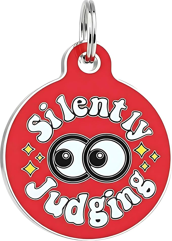Bad Tags Personalized Dog and Cat ID Tags in 25+ Designs and 2 Sizes - 5 Lines of Custom Engraved Text - Funny Cute Personalized Pet Tags (Silently Judging - Red, Small (1 inch))