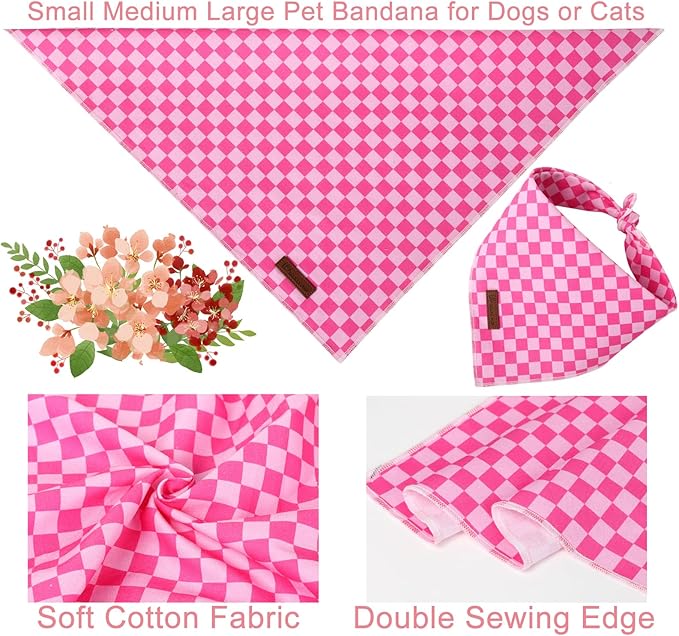Summer Dog Bandana, UP URARA PUP Pink Bandana for Small Large Dogs, Cotton Handkerchief Fashion Plaid Puppy Triangle Bid Scarf for Boy Girl Dogs