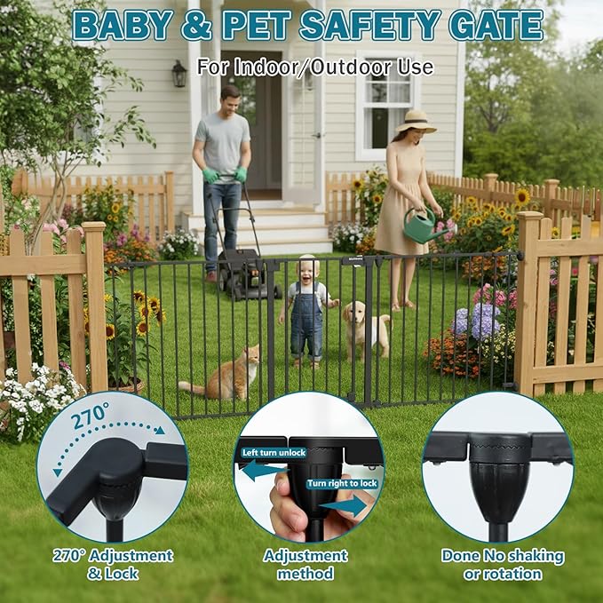 Mumeasy 80" Extra Wide Baby Gate for Doorways, Stairs & Fireplace, Auto Close Dog & Pet Gate with Walk Thru Door, 3 Metal Panels, Hardware Mounted Child Safety Fence for House, Indoor/Outdoor, Black