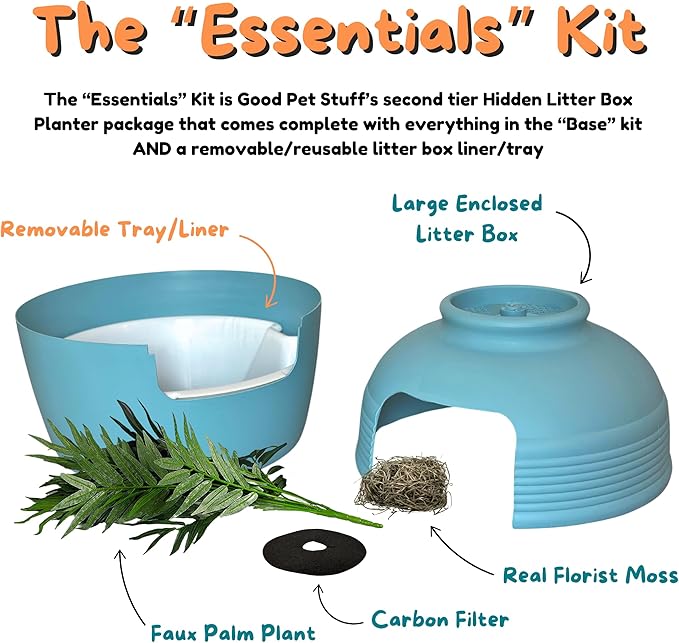 Good Pet Stuff Hidden Litter Box Planter, Decorative Cat Litter Enclosure with Carbon Filter, Artificial Plant, Easy Clean, Indoor Design, Original Round Style, Essentials Kit, Caribbean Blue