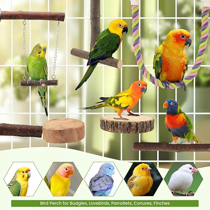 8PCS Natural Wood Bird Perches, Parrot Perch Stand & Chewing Toy with Multi-Branch & Rope, Cage Accessories for Parakeets, Conures, Cockatiels, Lovebirds, Budgies