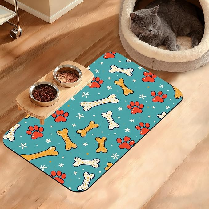 Dog Paws Cat Food Mat,Bones Absorbent Pet Feeding Mat for Food and Water Bowl,Quick Dry Dog Placemat Non Slip Rubber Backing Waterproof Pet Supplies 12" x 20"