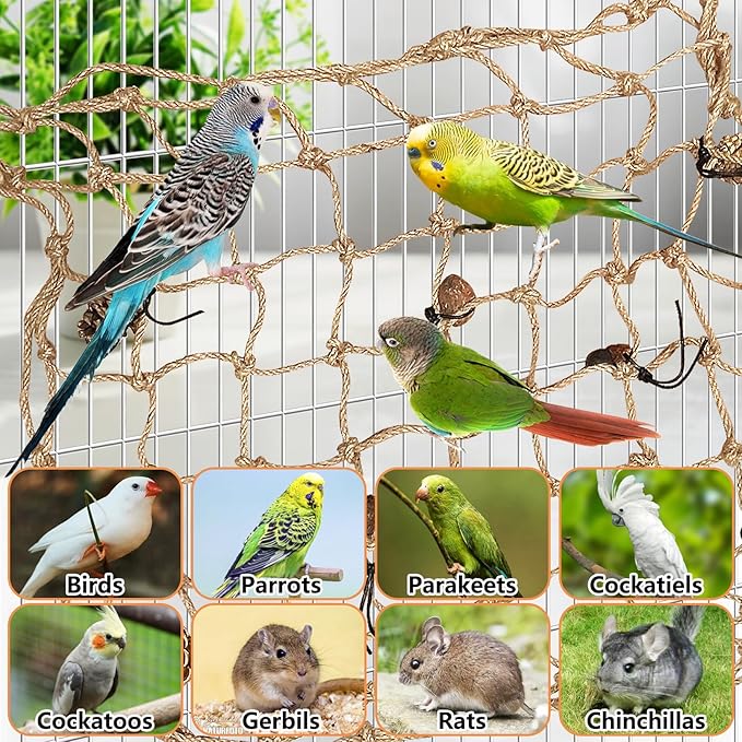 Tfwadmx Bird Climbing Rope Net Parrot Perch Climbing Rope Ladder,Large Size - 24''X24'' Parakeet Cage Hanging Toys for Budgies, Parrot, Conure,Parakeets, Blue & Gold Macaw