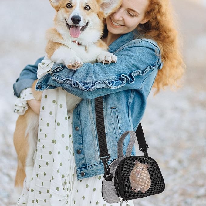 Beaupretty Oxford Cloth Hamster Carrier Bag Portable Breathable Guinea Pig and Bird Travel Carrier Small Grey for Outdoor Use