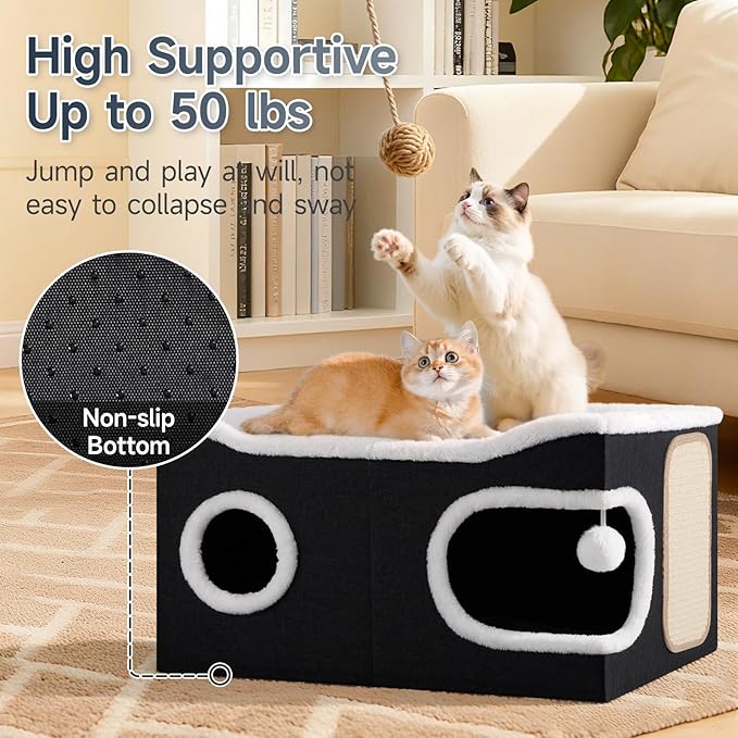Cat Beds for Indoor Cats, Extra Wide Cat Cube House for Multi Cats, Foldable Cat Cave Hideaway with Arc-Edge Design & Oval Door, Double-Side Soft Cushion for All Seasons, 24"L x 17.7"D x 12.6"H, Black