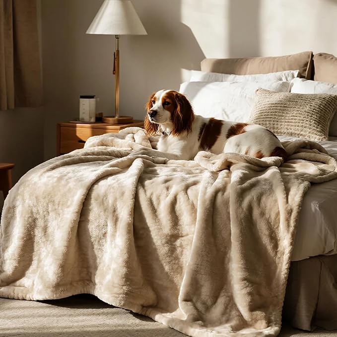 gogobunny Waterproof Bed Blanket, Reversible Sherpa Fleece Throw Blanket for Dog Puppy Cat, Furniture Cover Protects Bed Couch Sofa from Liquid Pee and Pet Fur (Beige, 50x60 inches)
