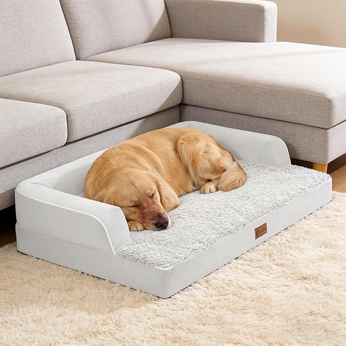 Orthopedic Dog Beds for Extra Large Dogs, Waterproof Egg Crate Foam XL Dog Bed with Sides 45x35Inch, Big Dogs Couch Beds with Removable Washable Cover and Nonskid Bottom, Grey White