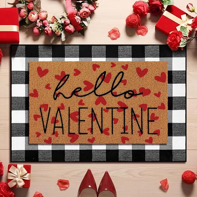 Tinideya 2 Pcs Valentine Door Mat Hello February 14th Welcome Non Slip Coir Mats Red Heart Black and White Plaid Floor Layering Doormats Seasonal for Front Porch Entryway Decor(Valentine)