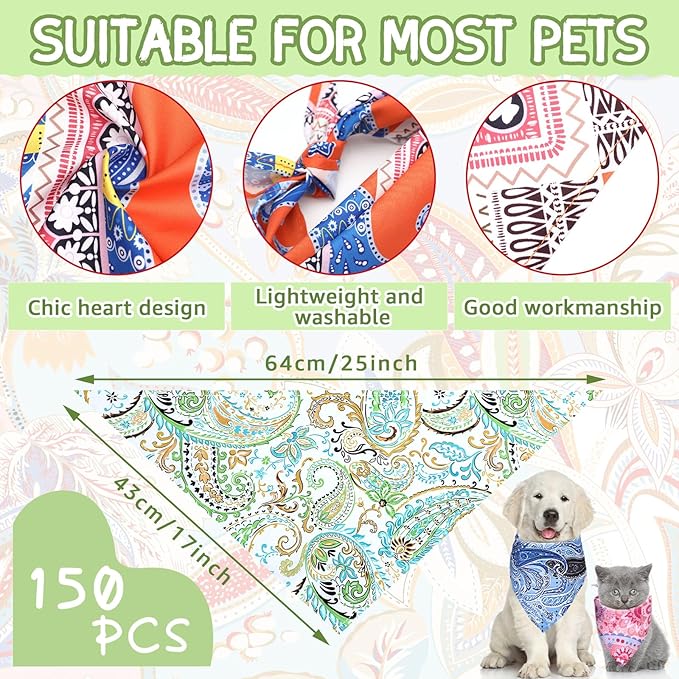150 Pcs Paisley Dog Bandanas Bulk Pet Bibs Colorful Triangle Scarf Pet Paisley Bandanas for Medium Large Dogs Spring Summer Birthday Costume Decoration