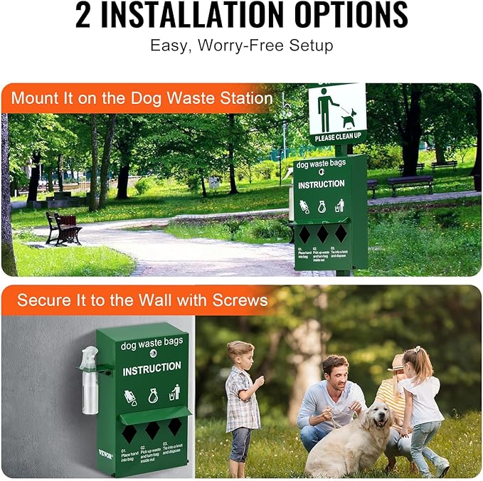 VEVOR Dog Poop Bag Dispenser with Hand Wash Bottle, Lockable Outdoor Dog Waste Bag Holder with 600 Waste Bags, Stake, Pole, Fence & Wall Mounted Dog Poop Bag Storage, Pet Waste Station for Porch, Lawn