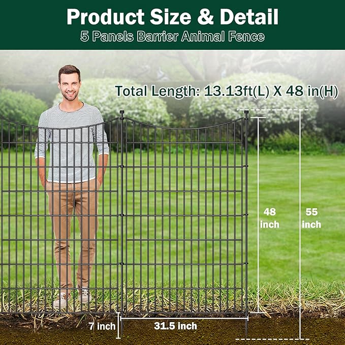 5 Panels No Dig Dog Fence Outdoor for Yard, 48 in(H) X 13.13 ft(L) Decorative Tall Garden Fence Animal Barrier, Rustproof Metal Wire Garden Edging and Borders, Temporary Fencing Stakes