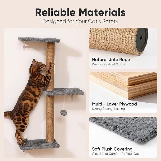 FUKUMARU Cat Wall Shelves, Stable & Safe 4 in 1 Cat Wall Mounted Furniture Set, Wooden Climbing Tree with Scratching Post for 16 Inch Drywall - Gray