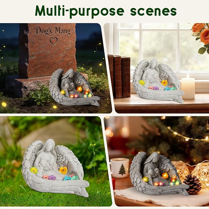 Solar Garden Decor - Memorial for Loss of Dog with Angel Statue, Solar Powered Outdoor Pet Memorial Stone & Dog Remembrance Gift for Backyard, Cemetery Handmade Eco-Resin, 7 LED Lights