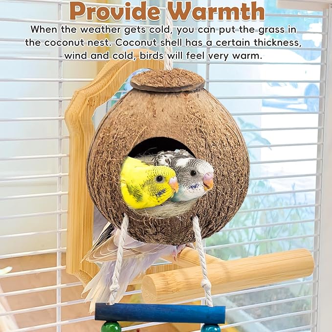 PINVNBY Hanging Coconut Bird Nest Hut with Ladder, Natural Coconut Hide Lovebird House and Colored Bead String Bird Swing for Parakeet Cockatiel Budgie Conure Canary Finch Budgies (With Coconut Fiber)