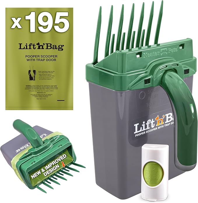 Neater Pet Brands Lift N’ Bag 2.0 Dog Pooper Scooper with Bag Attachment for Small to Large Dogs, New & Improved Design, 195 Refill Bags, Heavy Duty Dog Poop Scooper for Yard & Walks, One-Hand Use