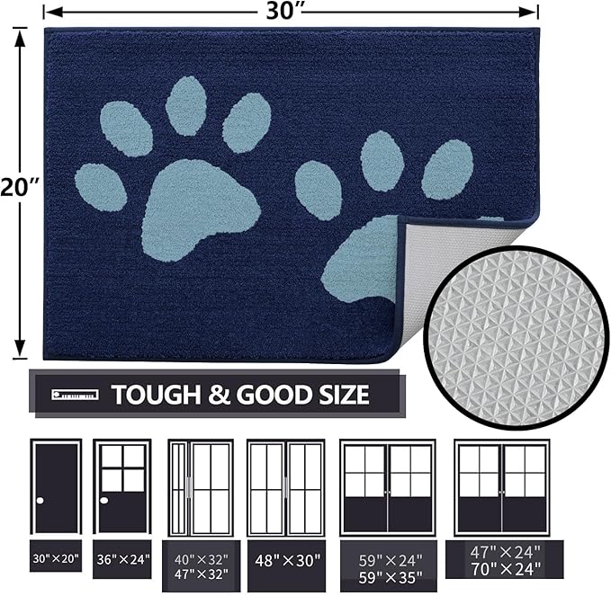 Buganda Dog Door Mat for Muddy Paws, Absorbent Dirt Trapper Washable Indoor Doormats, Non Slip Low-Profile Mud Mat for Dogs, Front Entrance Doormat for Inside Floor (36x24 Inches, Dark Blue)