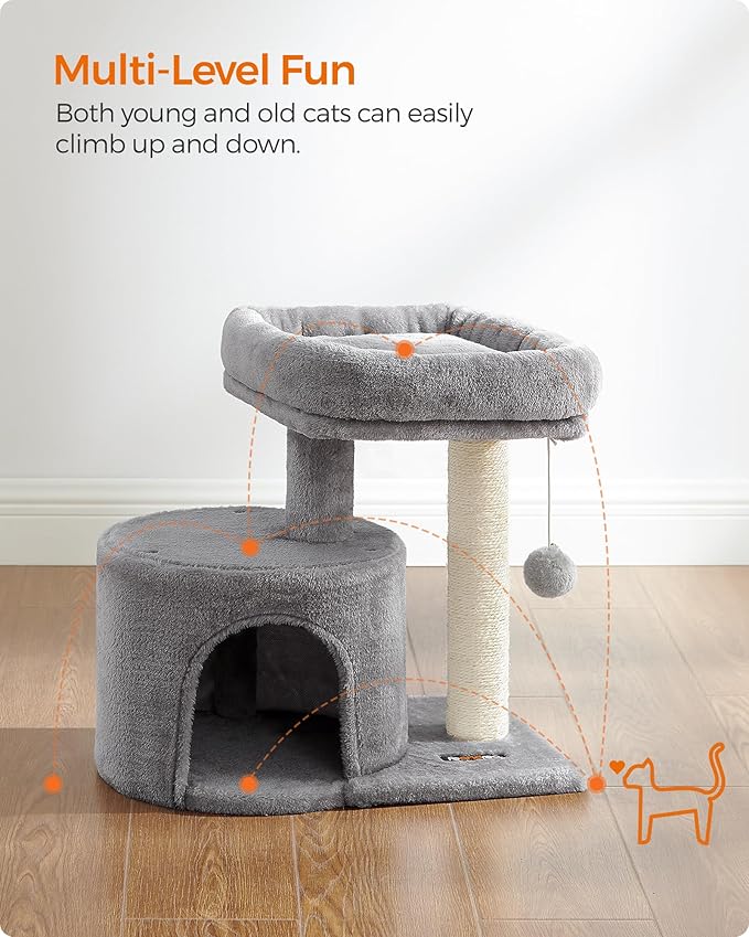 Feandrea Cat Tree, Small Cat Tower with Sisal Scratching Post, Plush Condo with Padded Perch, for Small Spaces, Kittens, Light Gray UPCT50W