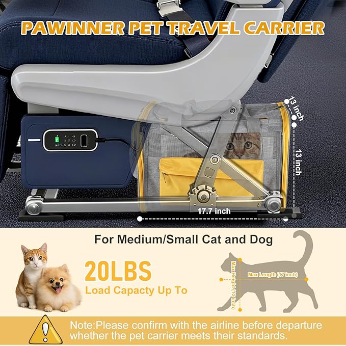 Pawinner Pet Carrier with Wheels, 17.7" x 13" x 13" Airline Approved Cat Carrier, Newly Designed Rolling Travel Bag with Telescopic Handle, for Small Dogs and All-Breed Cats