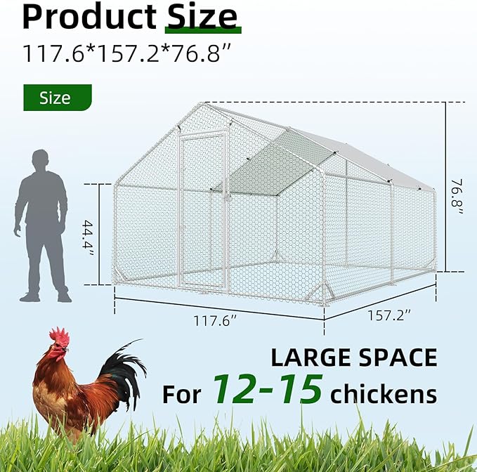 4ever2buy Large Metal Chicken Coop with Run Walk-in Poultry Cage Chicken Runs House Pen Cage Spire Roofed Chicken Coops with Anti-Ultraviolet Cover for Outdoor Yard Farm Use 9.8’L x 13.1’W x 6.4’H