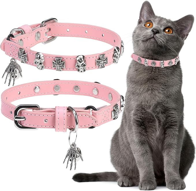 EXPAWLORER Cat Collar for Girl Boy Cats- Adjustable Leather Pet Collar with Safety Elastic Belt,Personalized Punk Accessories Buckle Collars with Bell & Durable D-Ring,Skull（Pink）