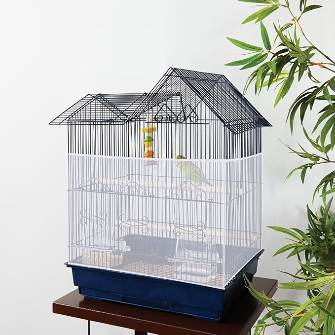 2PCS Bird Cage Seed Catcher, Nylon Adjustable Elastic Bird Cage Net Cover Skirt Guard, Universal Birdcage Accessories for Parrot Canary Parakeet Cockatiel Budgie Quail (Black, White)