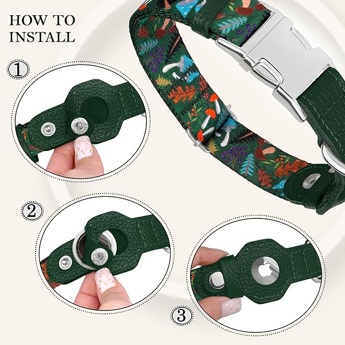 AirTag Dog Collar for Small Medium Large Breed - Adjustable Cute Pattern Dog Collar with Airtag Holder - Soft Leather Tracker GPS Apple Air Tag Pet Collars (Small, 12"-15" Neck Fit, Mushroom)