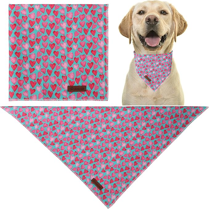 Valentine Dog Bandana - Pink Heart Triangle Bid Scarf for Small/Medium Dogs & Cats, Cotton Kerchief for Girl/Boy Pets, Adorable Puppy Bandana