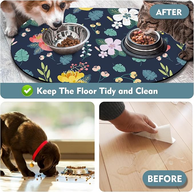 Absorbent Pet Food Mat 24''x16'', No Stains Quick Dry Pet Water Mat Protect Floor, Cat Dog Water Bowl Mat for Messy Drinkers, Non-Slip Rubber Base Pet Placemats for Food and Water, Dark Blue Floral