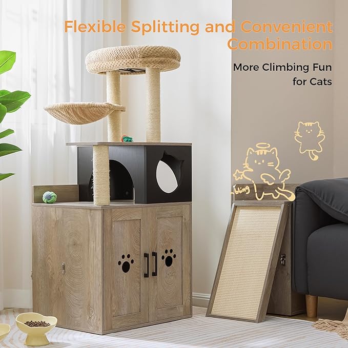 IRONCK Litter Box Enclosure with Cat Tree, 46" Hidden Litter Box with Sisal Scratching Ladder and Storage, Modular Wooden Litter Box Furniture with Condo and Platform, All-in-one Cat Tower, Greige