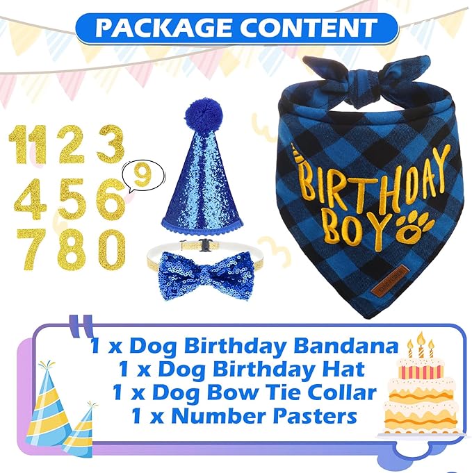 EXPAWLORER Dog Birthday Party Supplies - Dog Birthday Bandana Scarf and Party Hat with Numbers Boy Girl Pet Bow Tie, Cute Outfit for Small Medium Large Dogs (X-Large)
