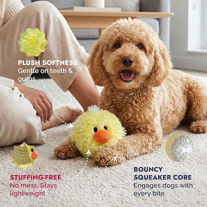 Pet Lou DOG'Z 4 Inch EZ Squeaky Chick Dog Plush Toy, Stuffing-Free Soft Plush, Durable Bouncy Squeaker Ball, Floats in Water, for Small & Medium Dogs, Yellow