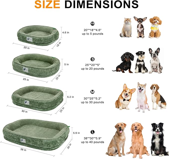 Dog Beds for Small Dogs,Orthopedic Bed with Removable Cover&Non-Slip Bottom Couch Bed with Four-Sided Bolster Green S