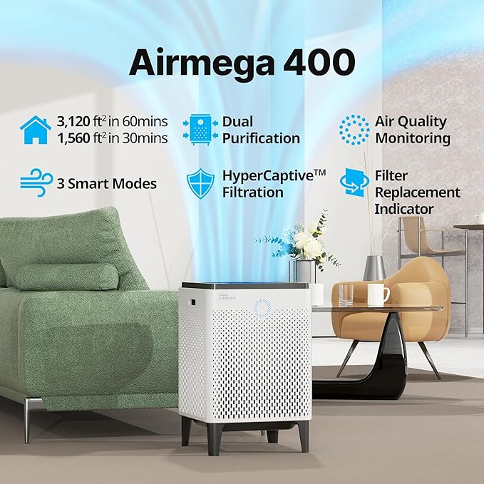 Coway AP-2015F Airmega 400 Smart Air Purifier (Covers 1,560 sq. ft.), True HEPA Air Purifier with Smart Technology, White